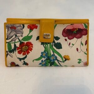 Gucci • Canvas Flora Continental Wallet with Goldenrod Leather GG Logo Snap Tab